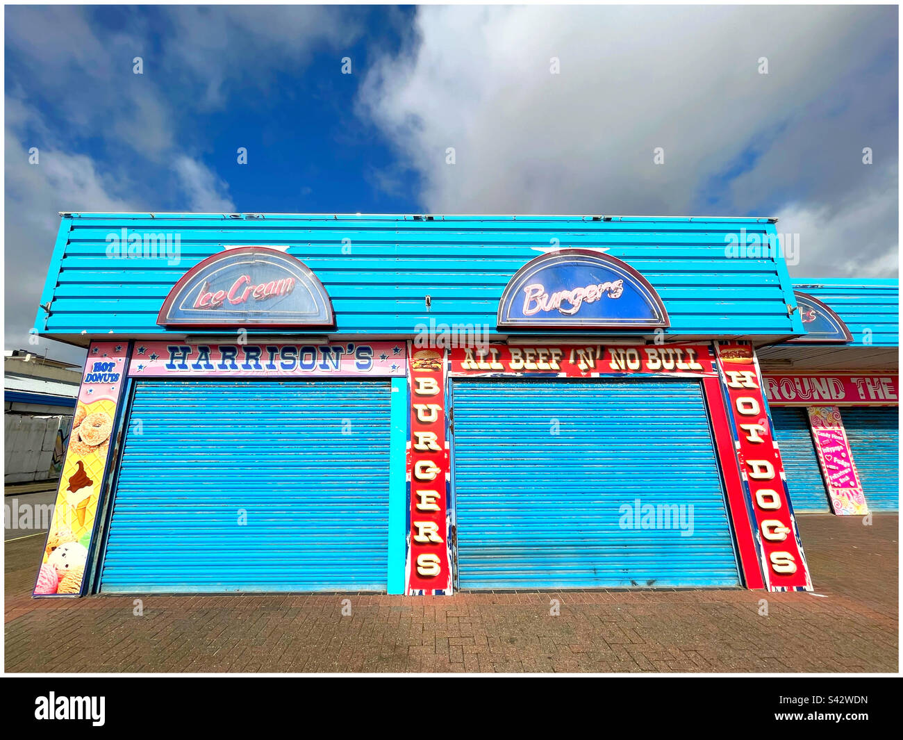 Shuttered ice cream and burger outlets on Felixstowe seafront Stock