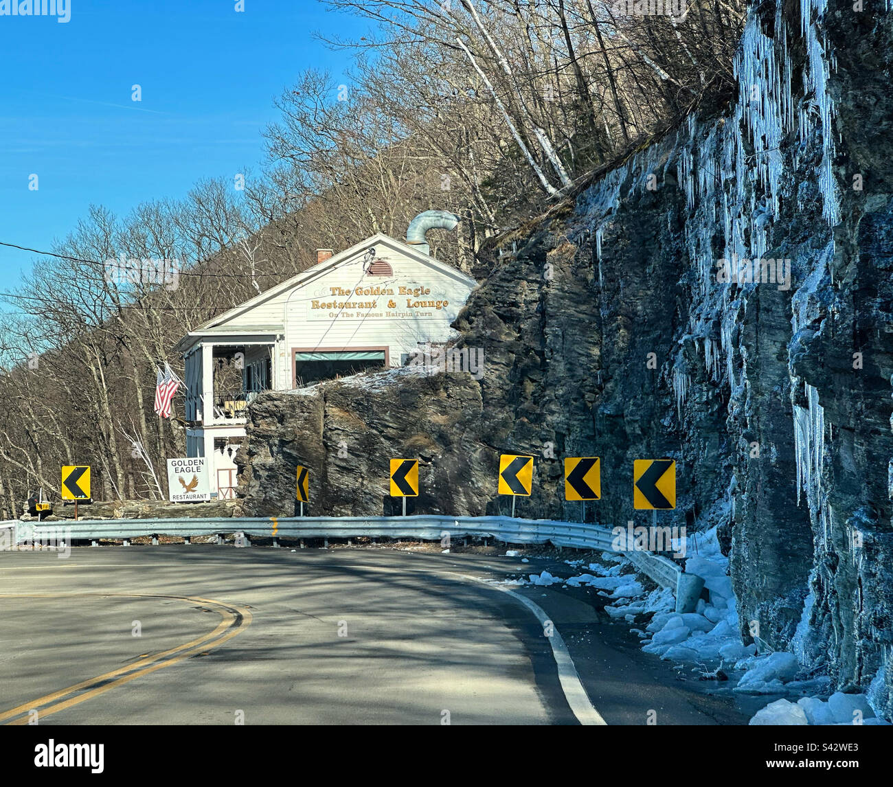 January, 2023, The Golden Eagle Restaurant, Hairpin Turn, Route 2, Clarksburg, Berkshire County, Massachusetts, United States - Smartphone Captured Stock Image