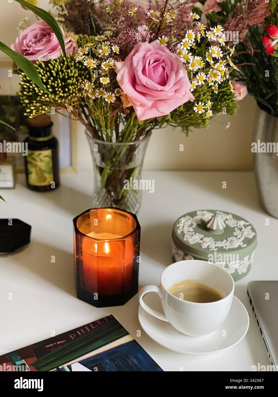 Still life with coffee and flowers - Smartphone Captured Stock Image