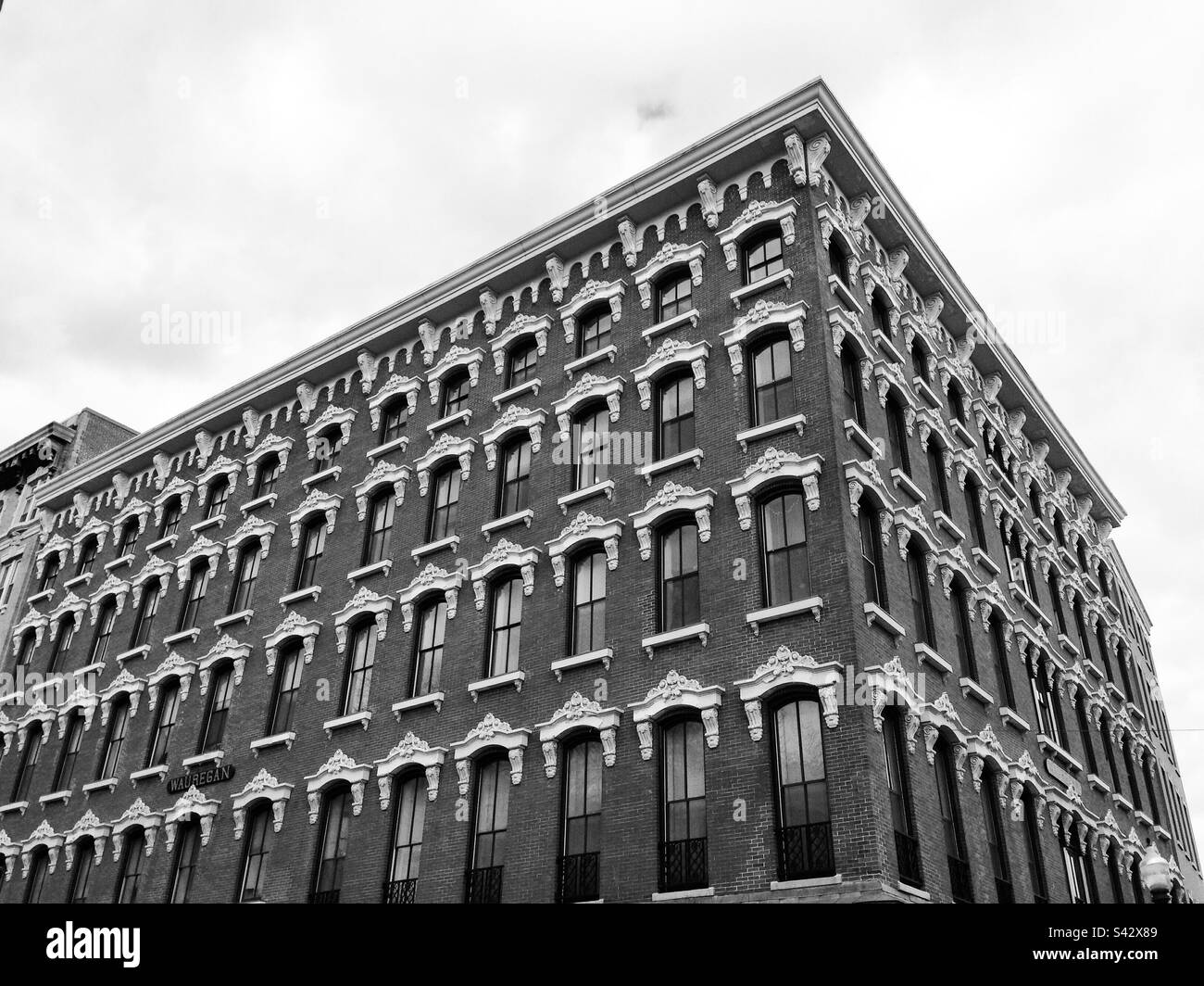Black and white filter of The Wauregan building in downtown Norwich