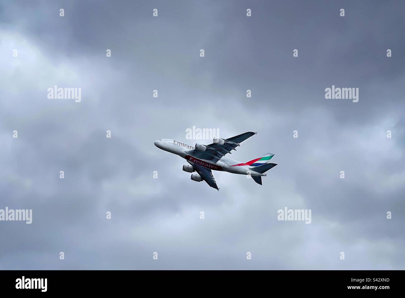 Emirates A380 leaving Glasgow Airport to return to Dubai. Stock Photo