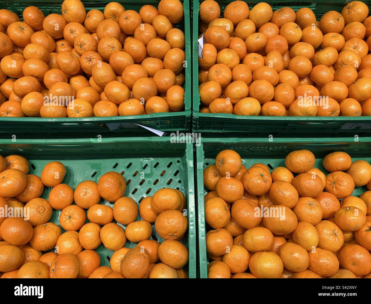 Organic fresh tangerine oranges on display for sale in a supermarket, Alicante Province, Spain Stock Photo