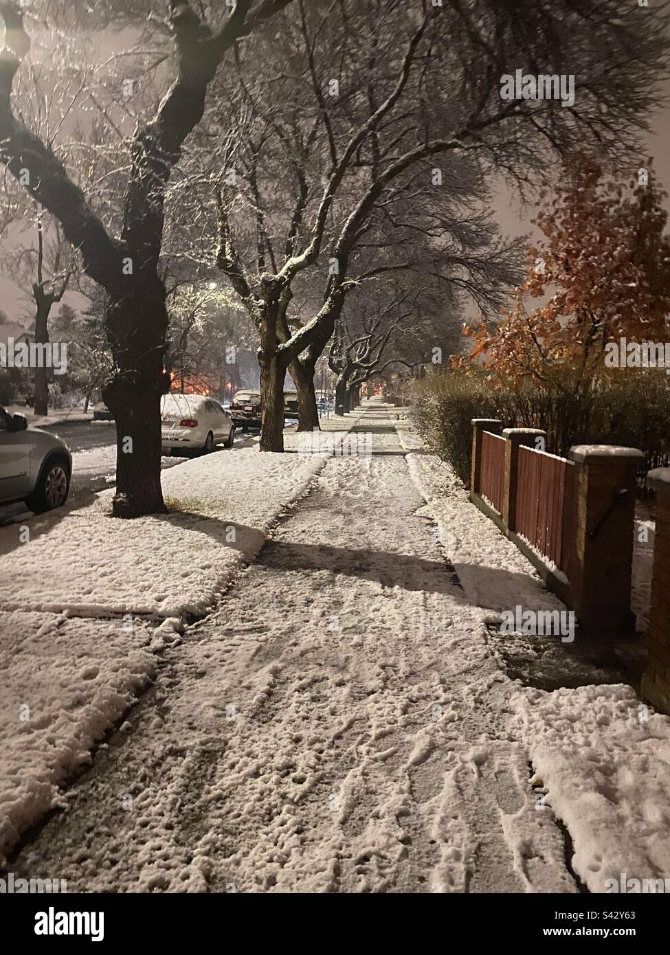 Old Town Street- midnight walk on a frostly evening through London Road area in Lethbridge AB - Smartphone Captured Stock Image