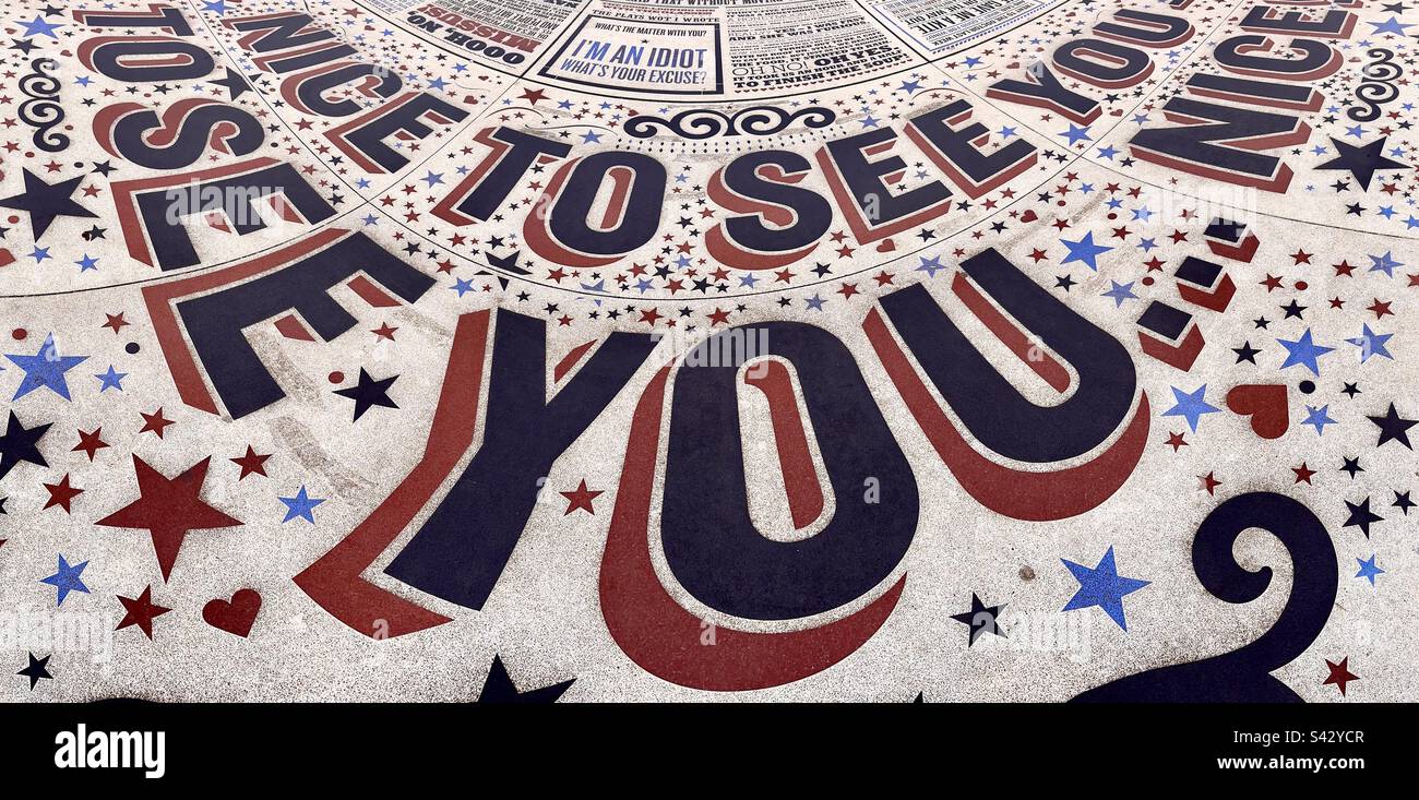 A section of the comedy carpet in Blackpool, showing the familiar catchphrase of the comedian Bruce Forsyth - Smartphone Captured Stock Image