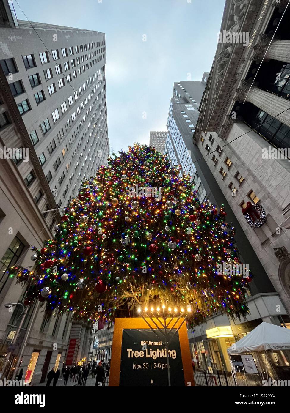 View of the large Christmas tree from Wall Street in New York. Photo
