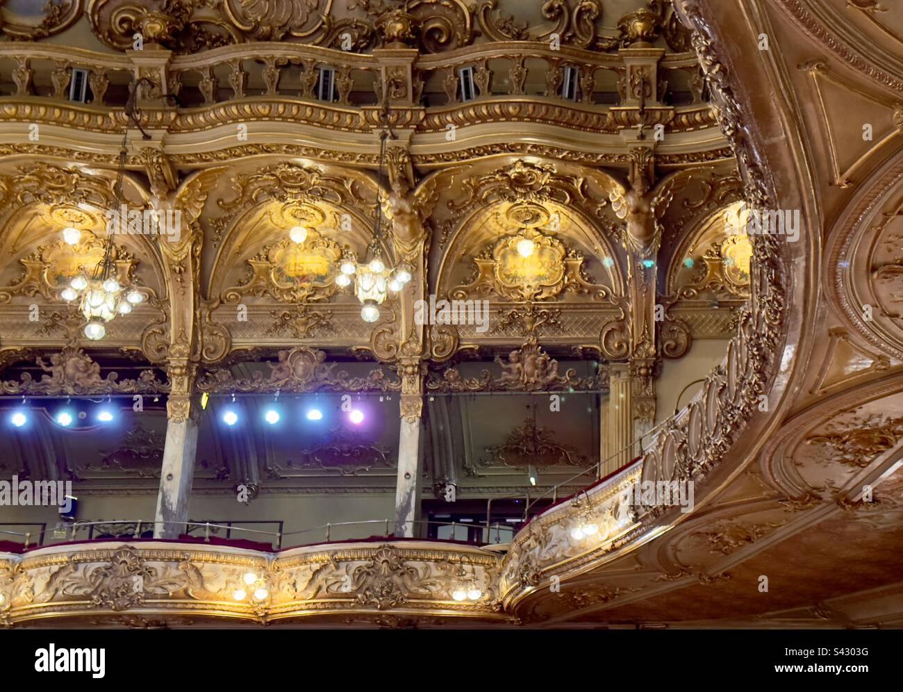 A detail of Frank Matcham’s interior for the Blackpool Tower ballroom with it’s ornate plasterwork and opulent decor. - Smartphone Captured Stock Image