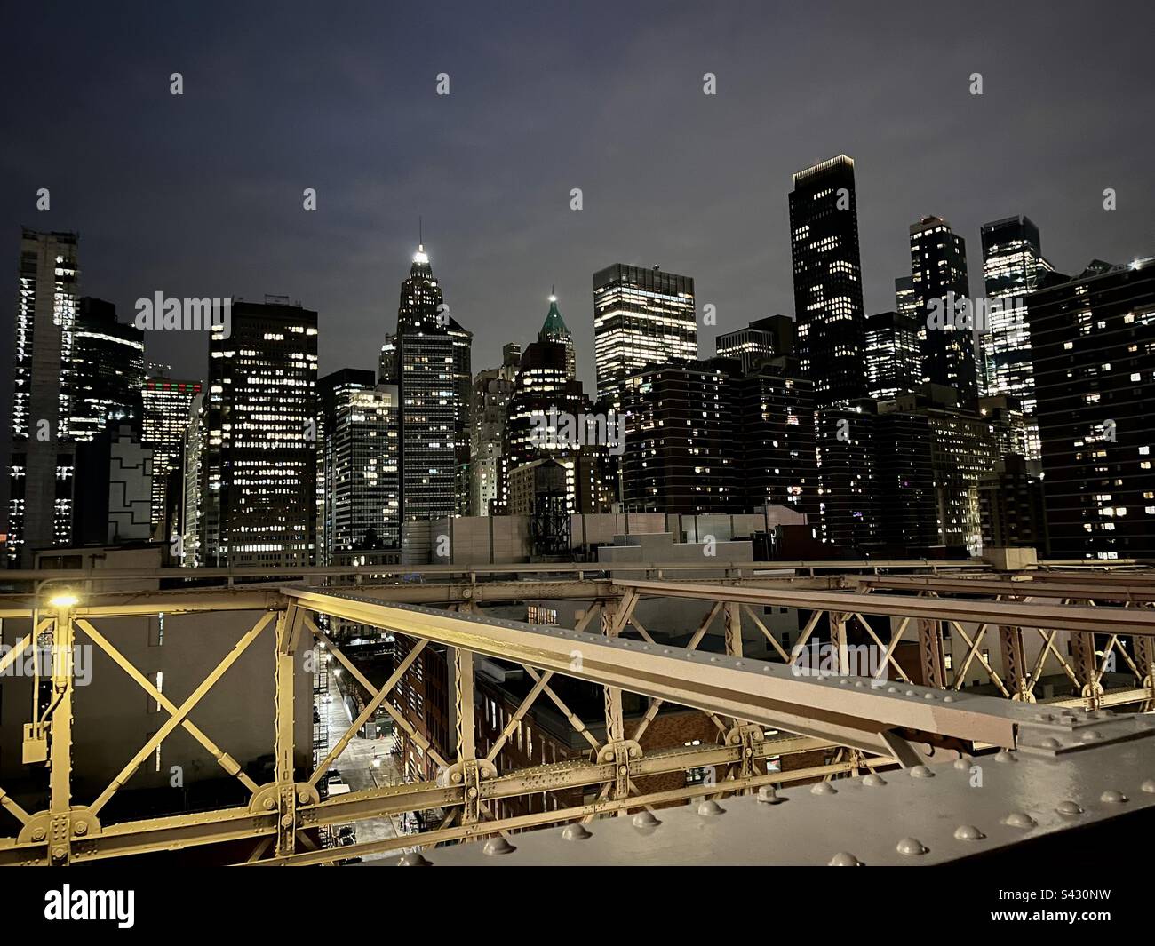 View of New York at night from the Brooklyn Bridge. Photo taken in New