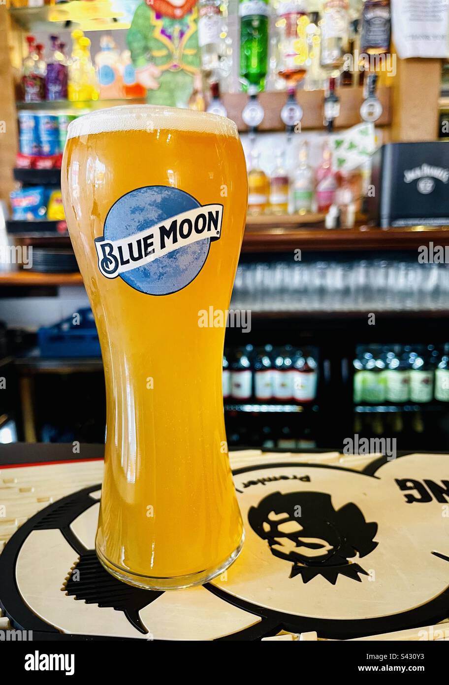 A pint of Blue Moon draft beer in a pub in London, United Kingdom. Stock Photo