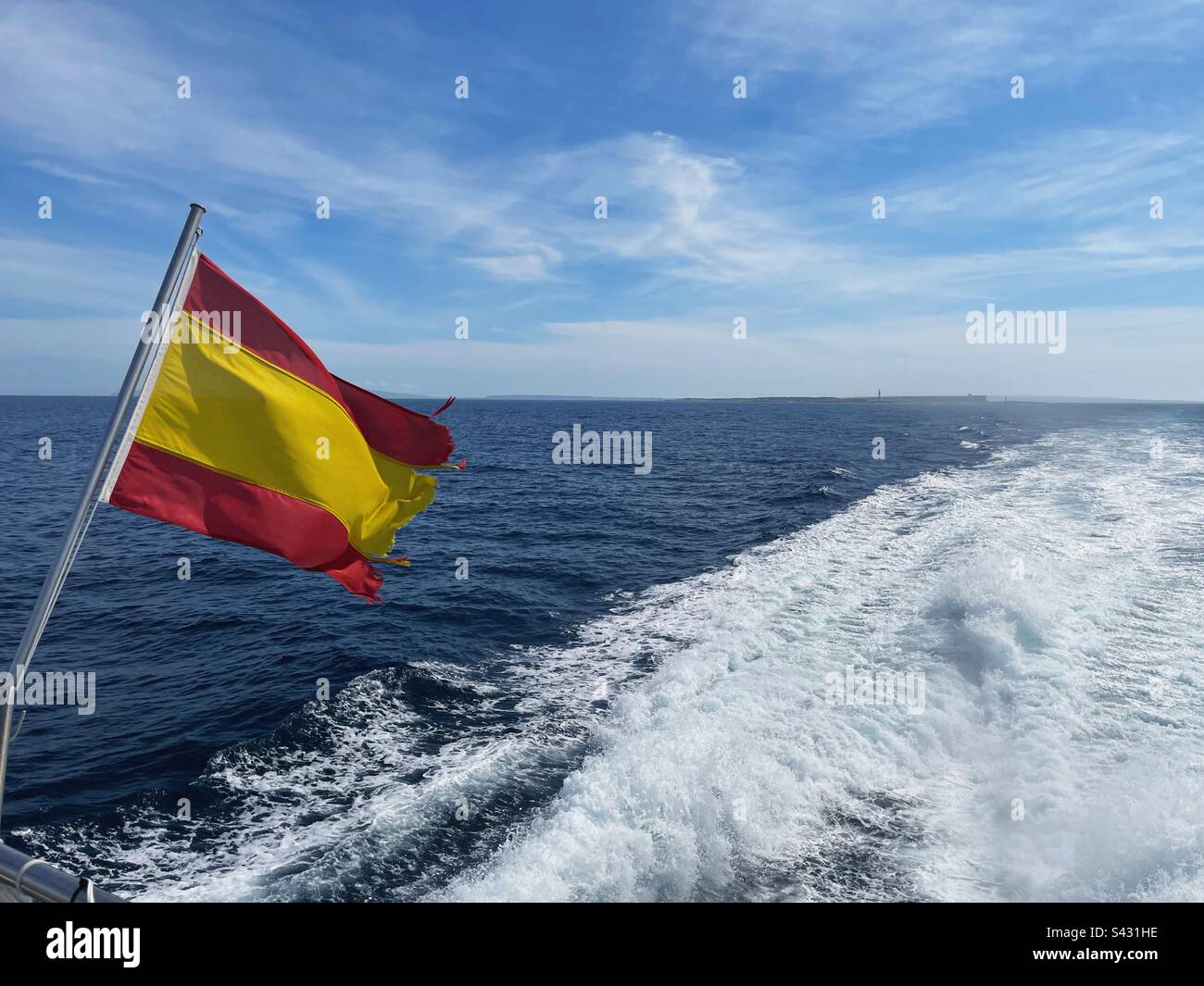 Spanish flag on a Balearic ferry on the sea - Smartphone Captured Stock Image