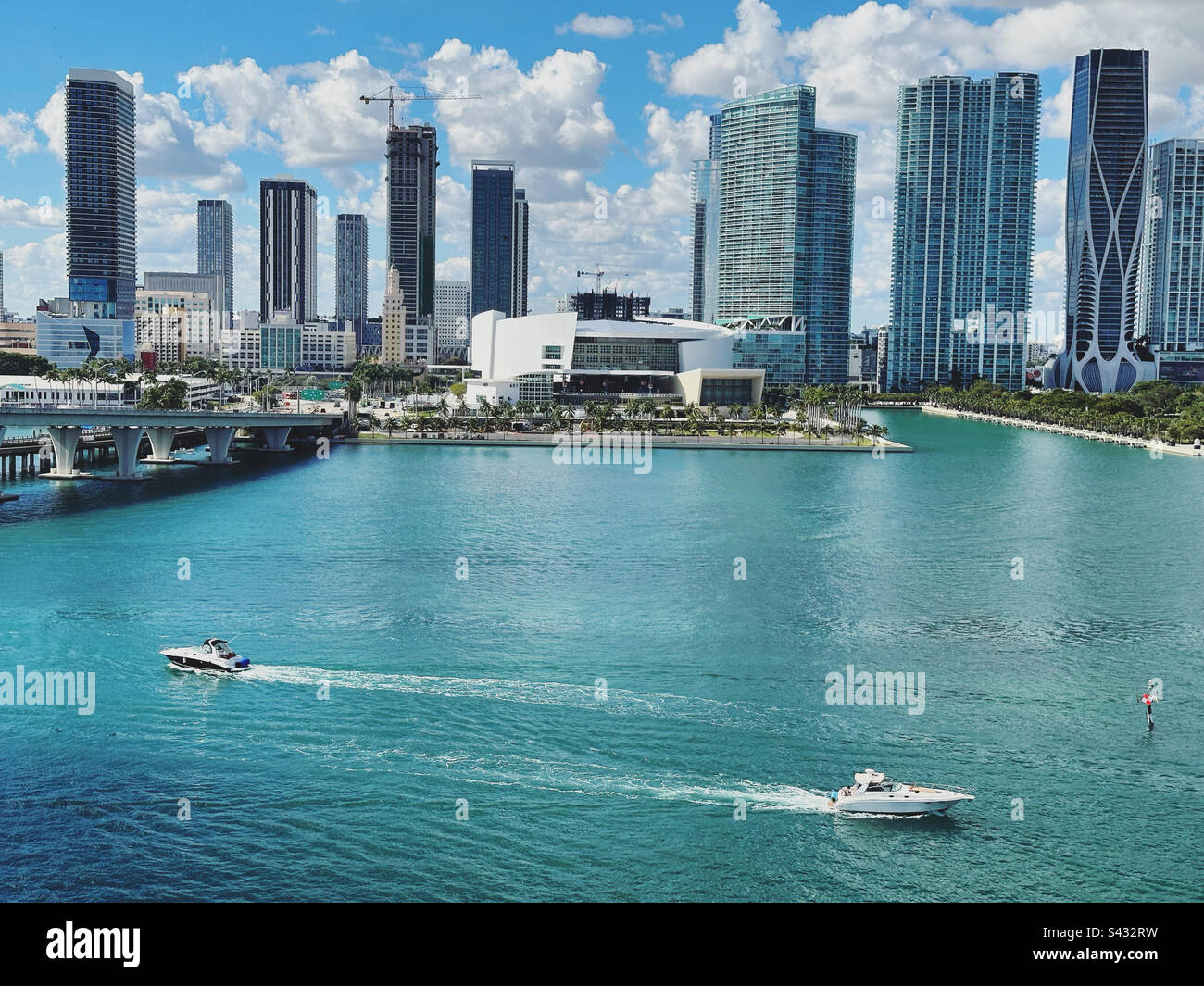 January, 2023, Boats and skyscrapers seen from the deck of a cruise ship, Port of Miami, Miami, Florida, United States - Smartphone Captured Stock Image