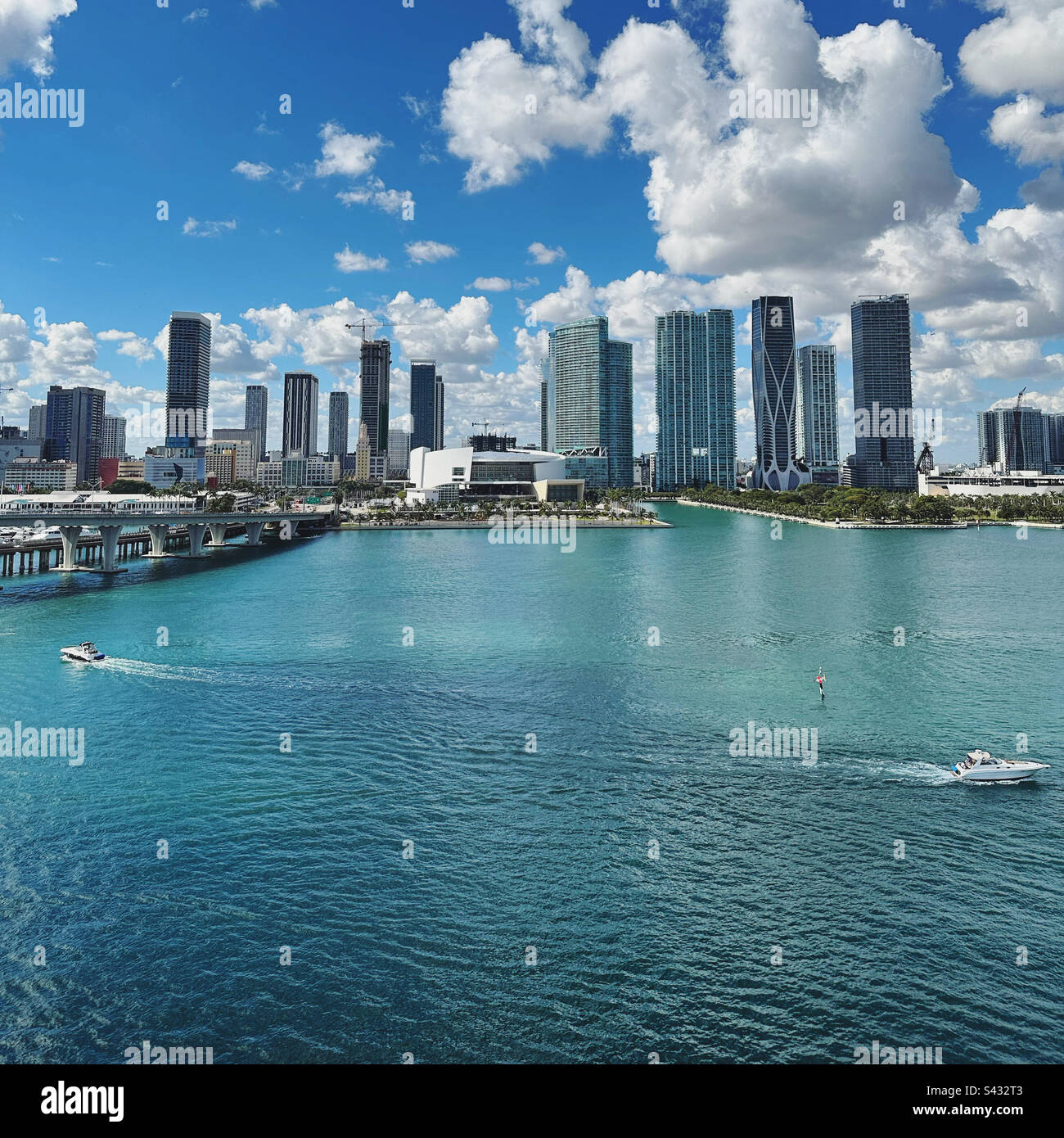 January, 2023, skyscrapers seen from the deck of a cruise ship, Port of Miami, Miami, Florida, United States - Smartphone Captured Stock Image