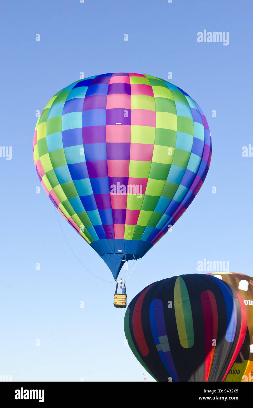 Very colorful, hot air balloon in checkerboard pattern Stock Photo