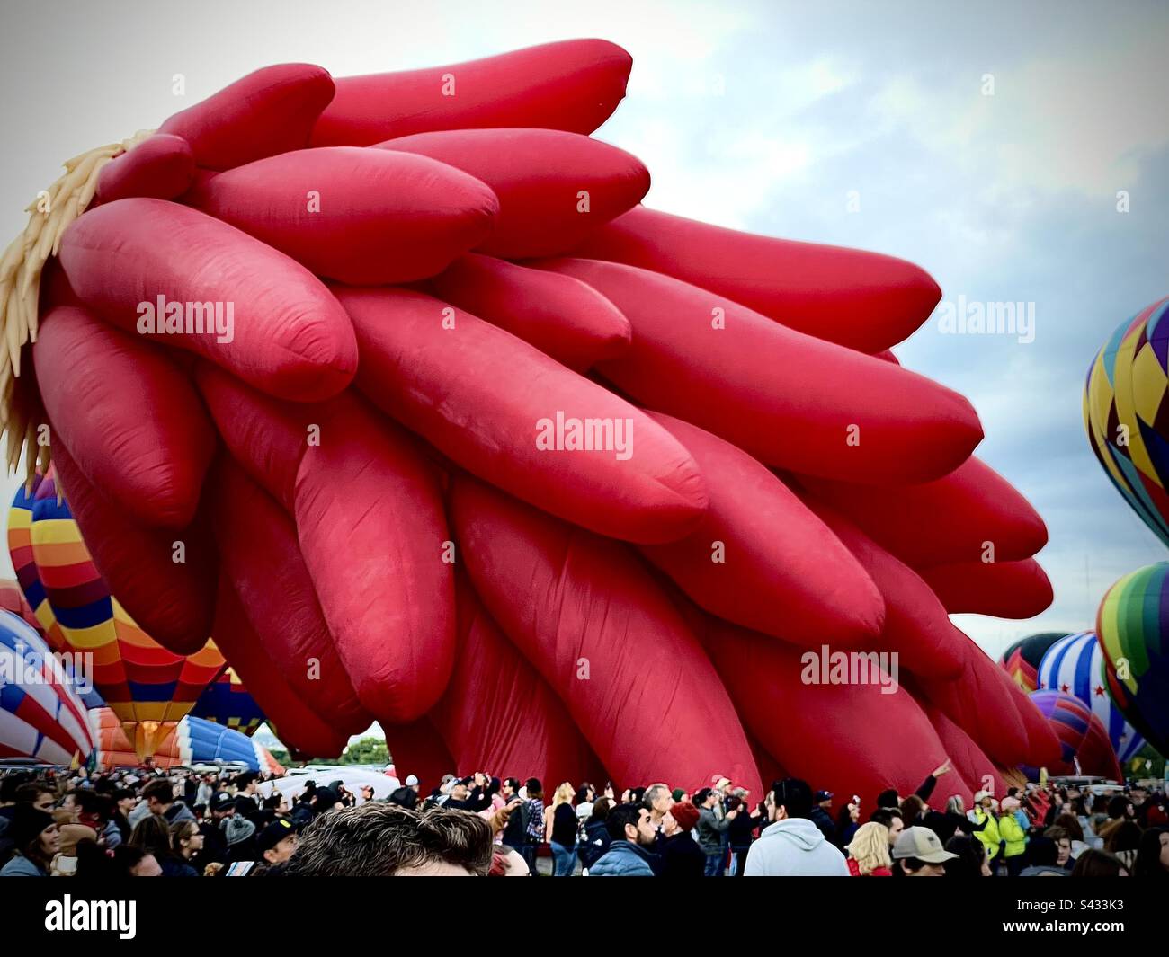 The unique bright red Chile Pepper hot air balloon is being inflated