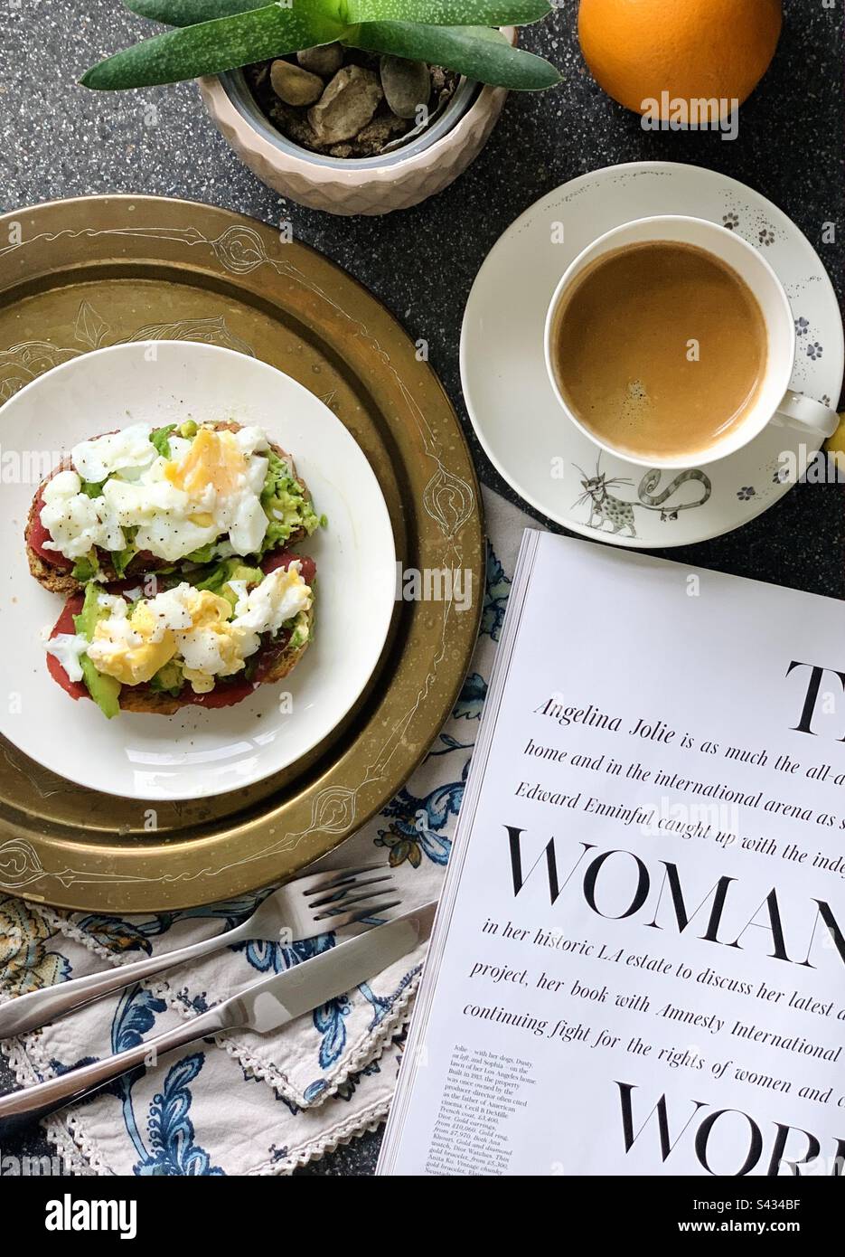 Breakfast- avocado toast with egg and coffee. - Smartphone Captured Stock Image