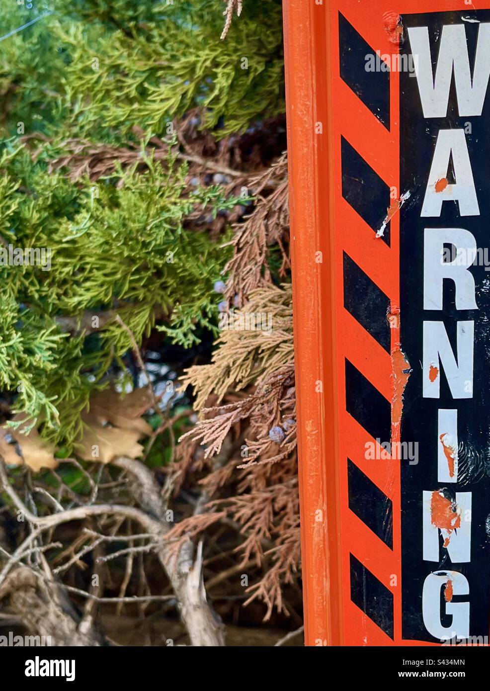 Orange metal sign on right says WARNING. Trees in background. Includes print space. - Smartphone Captured Stock Image