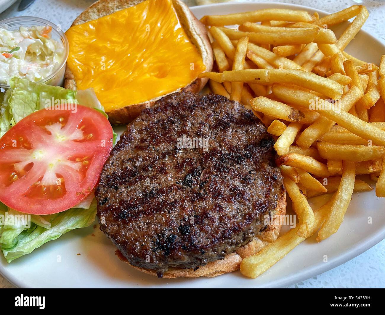 Close up of a cheeseburger deluxe platter with french fries at the new York city diner, 2023, United States - Smartphone Captured Stock Image