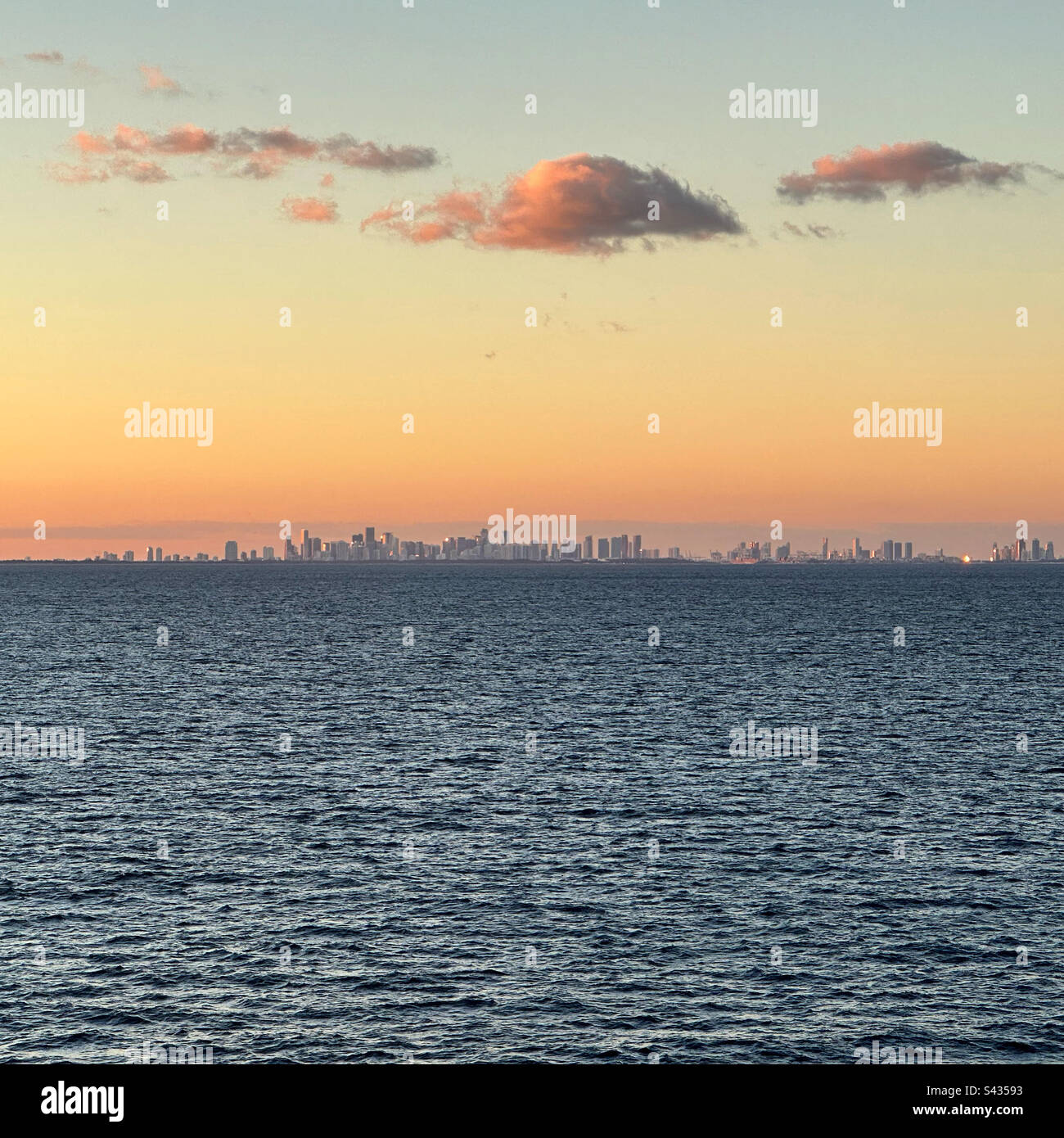 January, 2023, Sunset seen from a cruise ship leaving Miami, Florida, United States - Smartphone Captured Stock Image