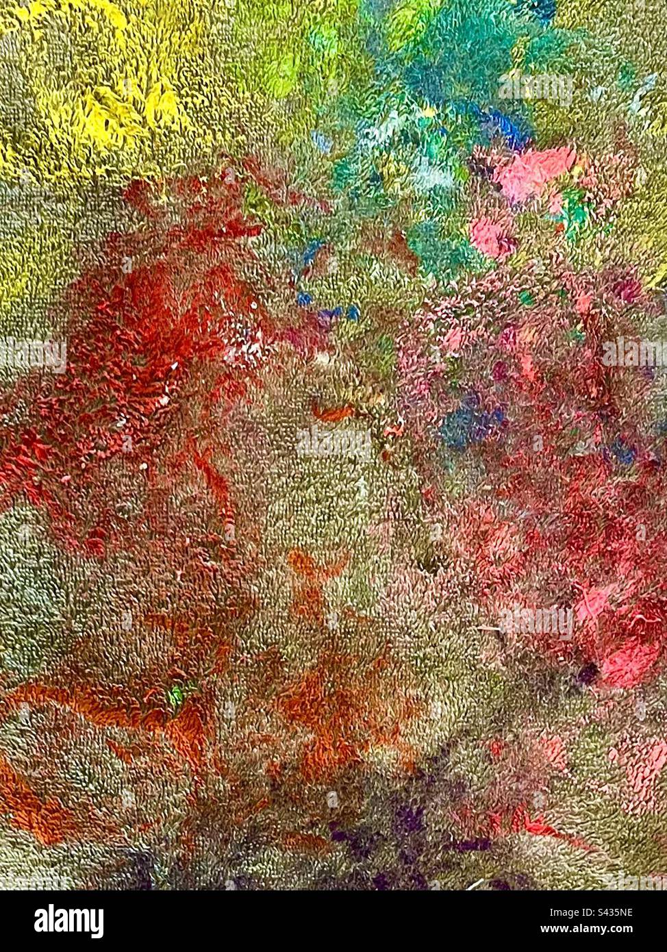 Colorful background, paint splatter, tie dye, messy artists drop cloth. Stock Photo