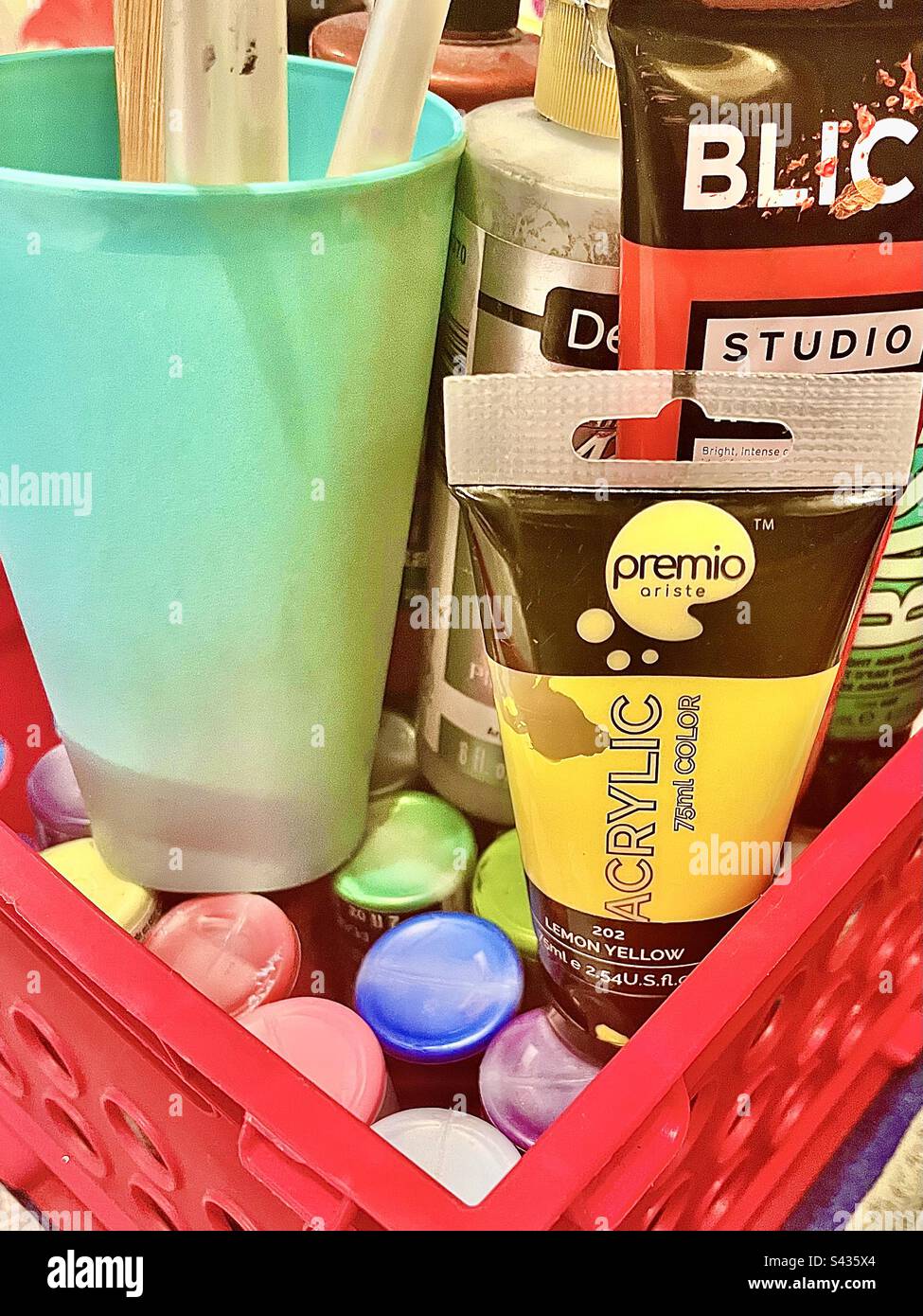 Paint Set 1. Paints, paintbrushes, rinsing cup. - Smartphone Captured Stock Image