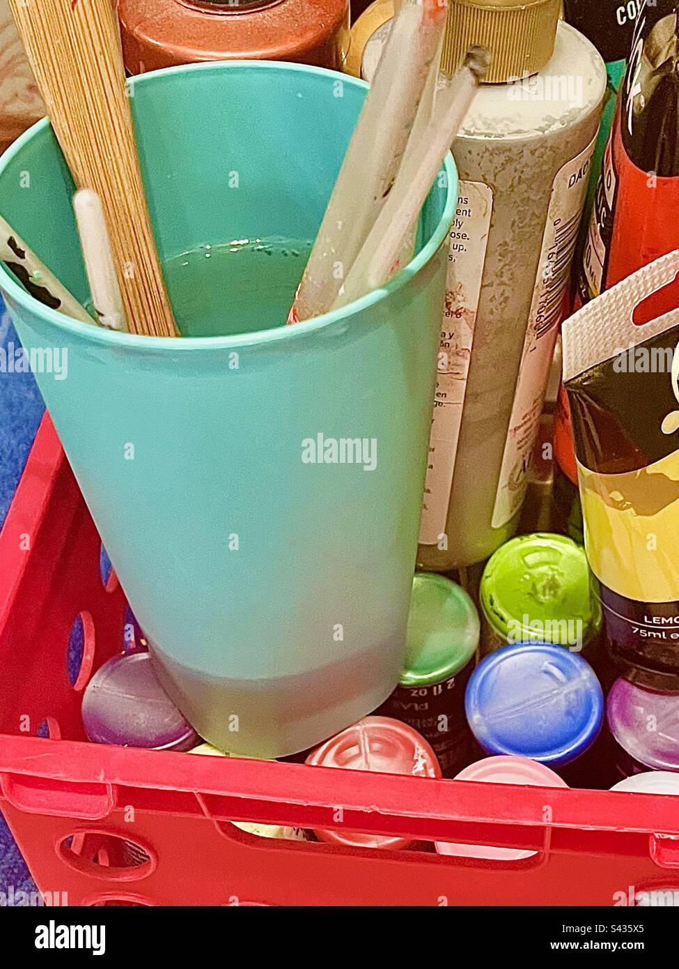 Paint Set 2. Paints, paintbrushes, and rinsing cup. - Smartphone Captured Stock Image