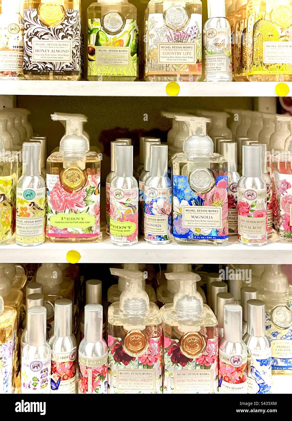 Display shelf of scented soaps and lotions Stock Photo Alamy