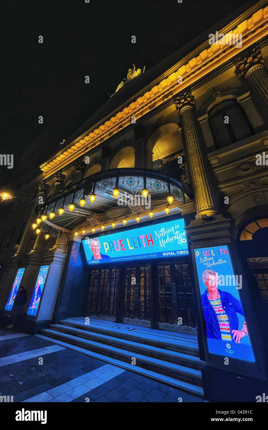 Prue Leith advertising on the London Palladium in Argyll Street in the west end theatre land. The show is called: ‘Nothing in Moderation’ - Smartphone Captured Stock Image