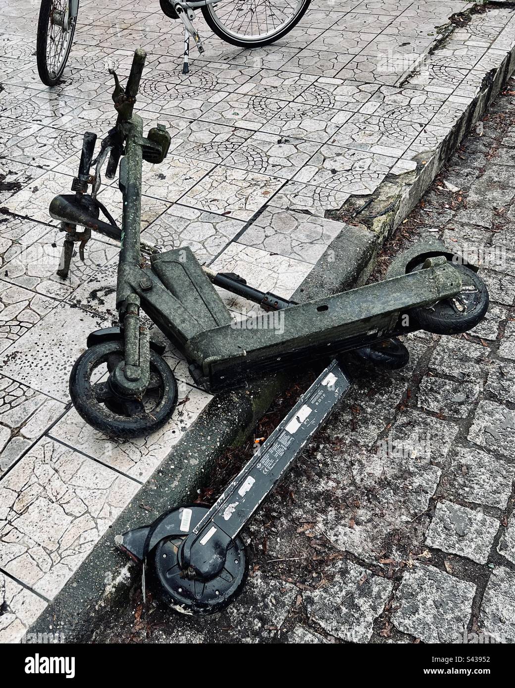 Urban waste. Two muddy e-scooters retrieved from pond in park, Mitte, Berlin, Germany - Smartphone Captured Stock Image