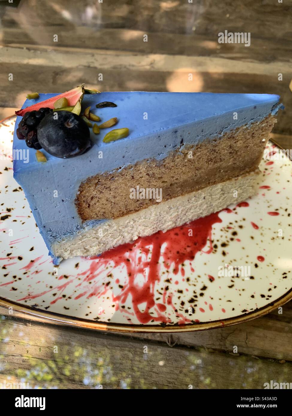 Closeup image of a slice of blueberry cake with blue spirulina - Smartphone Captured Stock Image