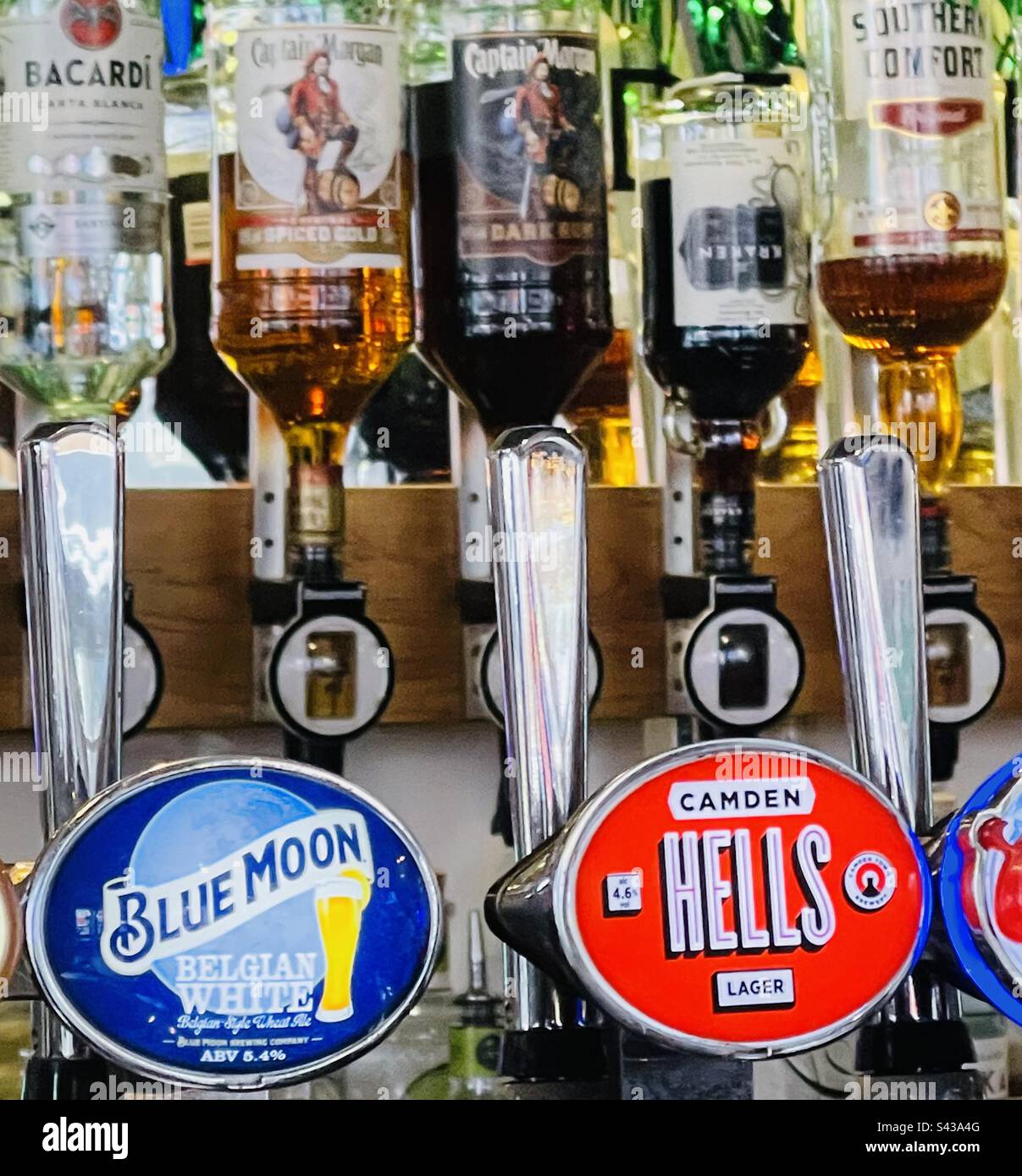 Draft beers in a bar at Camden market in London, United Kingdom. - Smartphone Captured Stock Image
