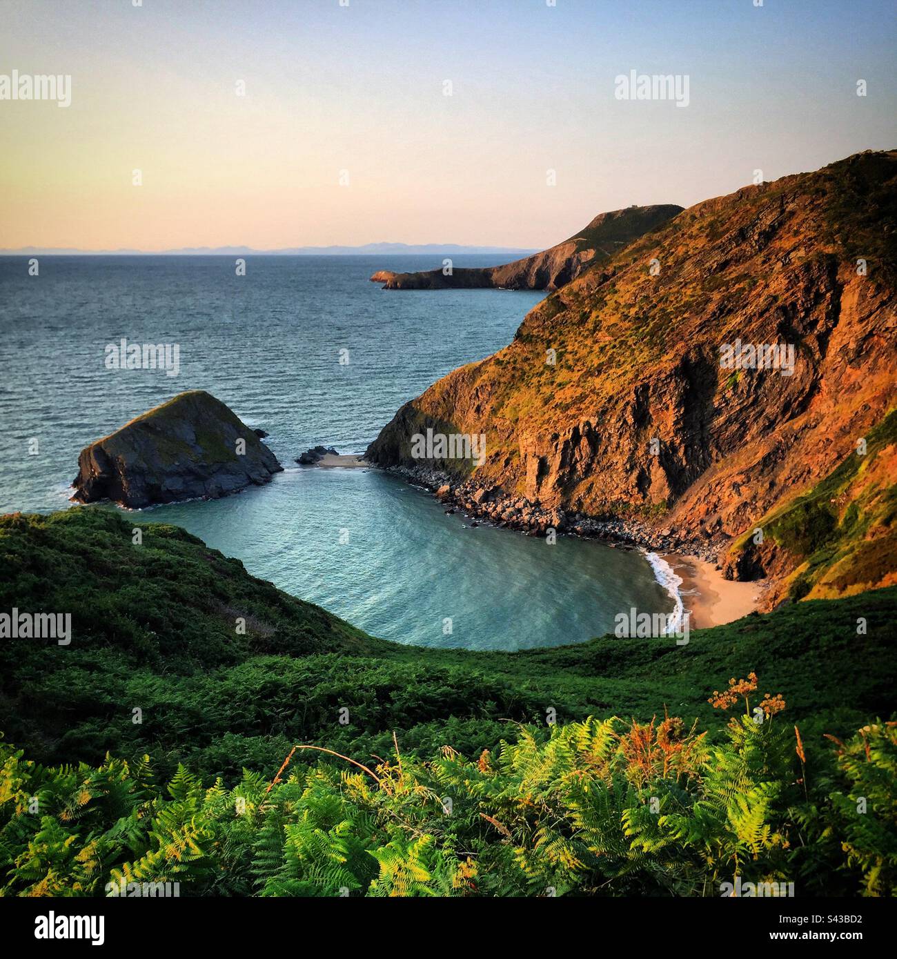 A remote beach you can only walk to at sunset on a dramatic section of the popular Ceredigion Coast Path just south of Llangrannog in West Wales - Smartphone Captured Stock Image