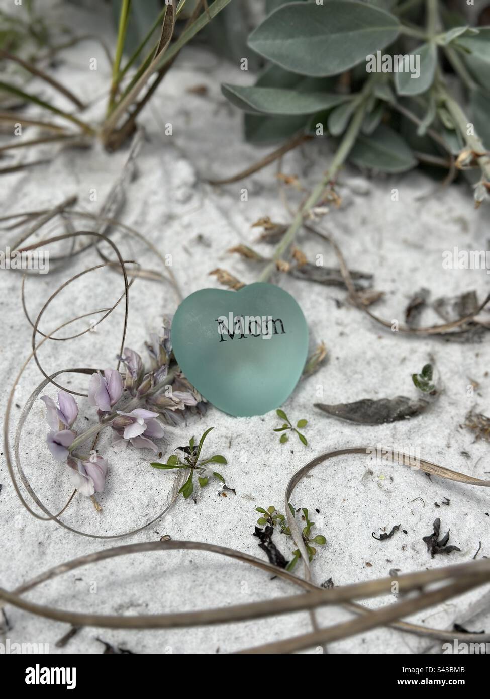 Mothers Day Concept with sea glass heart with white beach dune background - Smartphone Captured Stock Image