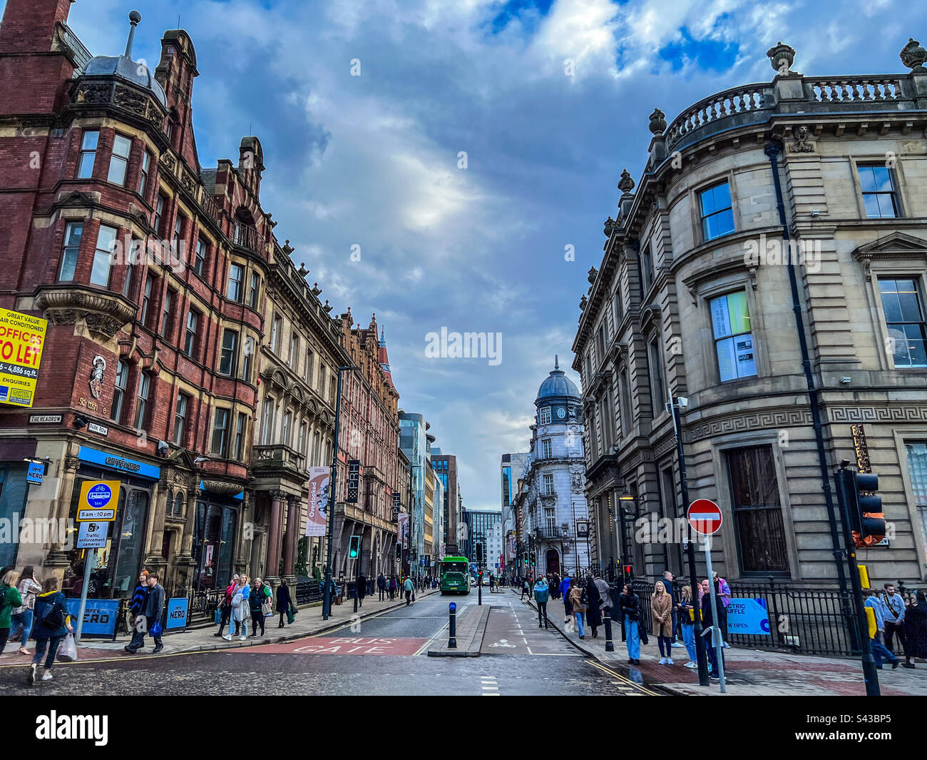 Leeds Headrow looking down Park Row bustling activities - Smartphone Captured Stock Image