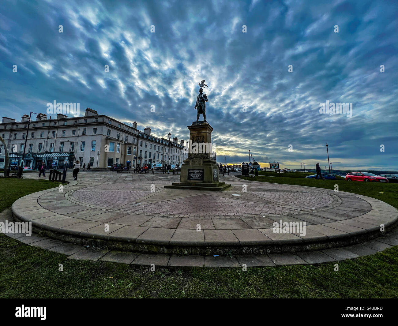 Captain James Cook monument on West Cliff in Whitby North Yorkshire with cloudy sky - Smartphone Captured Stock Image