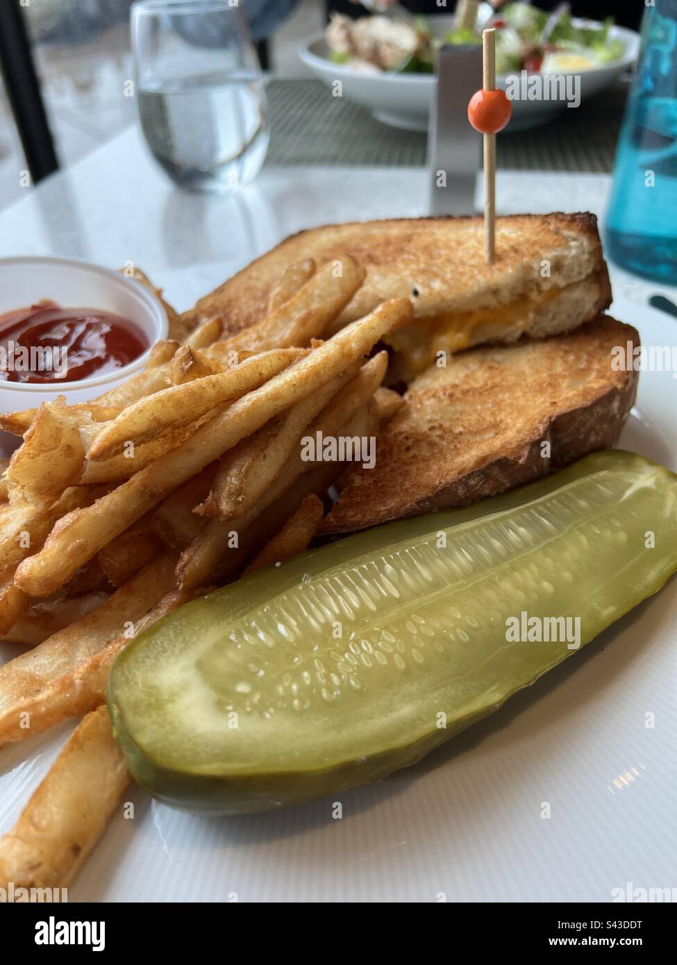 Grilled cheese with fries and a pickle on a plate in a restaurant Stock Photo Alamy