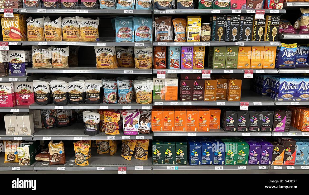 Granola and muesli cereal boxes in a supermarket - Smartphone Captured Stock Image