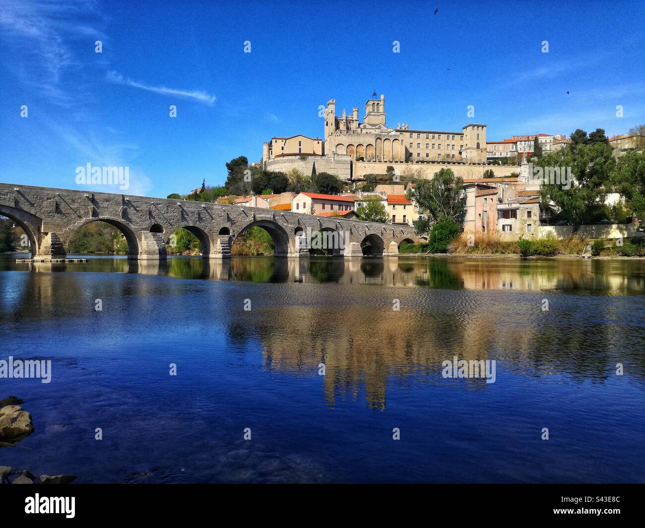 The Old Bridge and the St Nazaire Cathedral in Beziers. Occitania, France - Smartphone Captured Stock Image