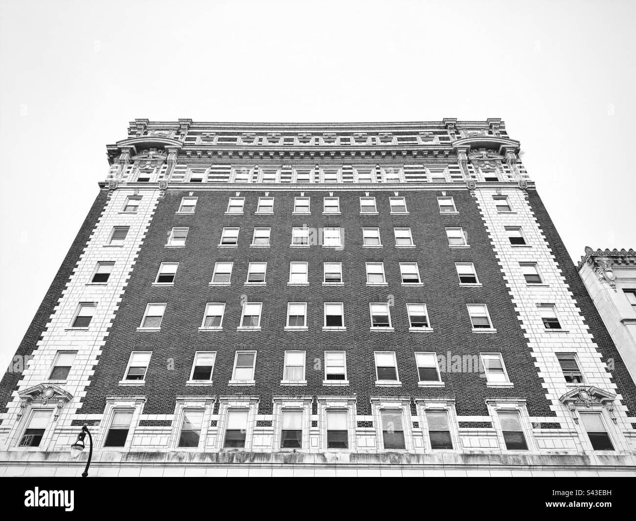 Old, ornate building in downtown area of Worcester, Massachusetts, USA. Black and white filter. - Smartphone Captured Stock Image