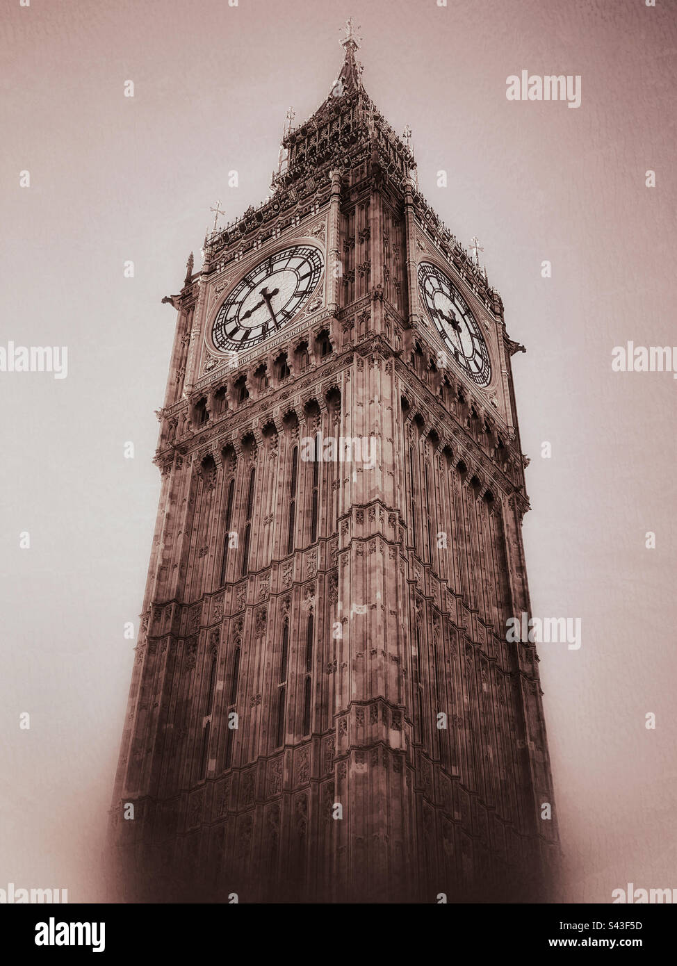 08:27 time reading on the clock face of Big Ben - an iconic London landmark. The Elizabeth Tower houses Big Ben and it’s famous clock face. This is probably 1 of the most photographed clock towers.©️ - Smartphone Captured Stock Image
