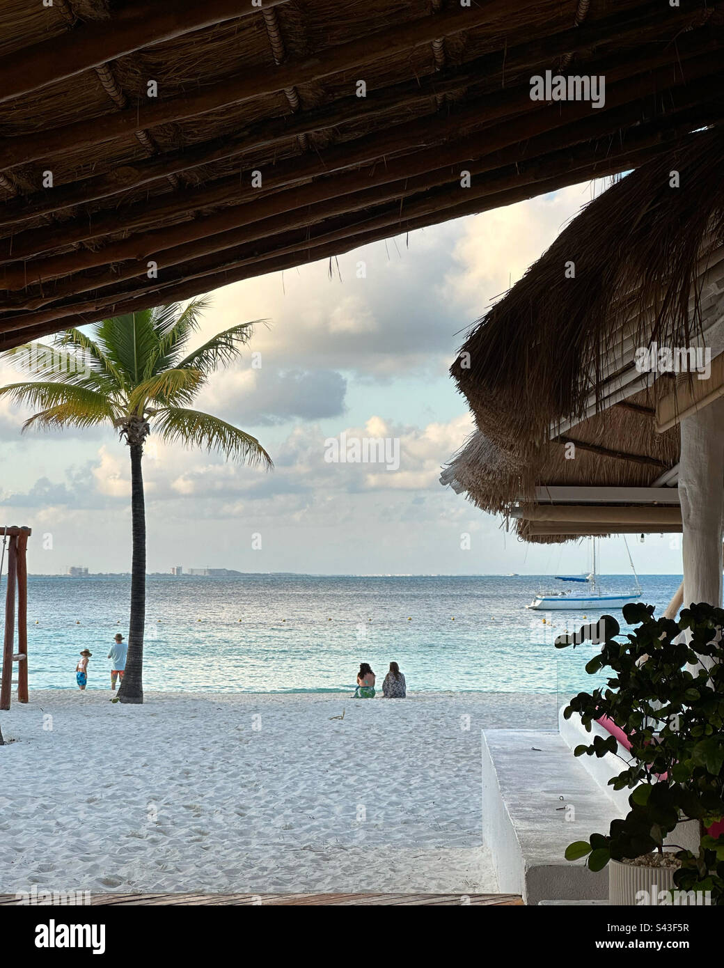 January, 2023, Dusk at the beach, Intercontinental Presidente Cancun Resort, Hotel Zone, Cancun, Quintana Roo, Yucatan Peninsula, Mexico - Smartphone Captured Stock Image