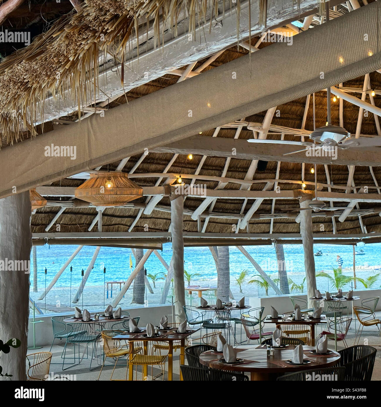 January, 2023, A restaurant overlooking the beach, Intercontinental Presidente Cancun Resort, Hotel Zone, Cancun, Quintana Roo, Yucatan Peninsula, Mexico - Smartphone Captured Stock Image