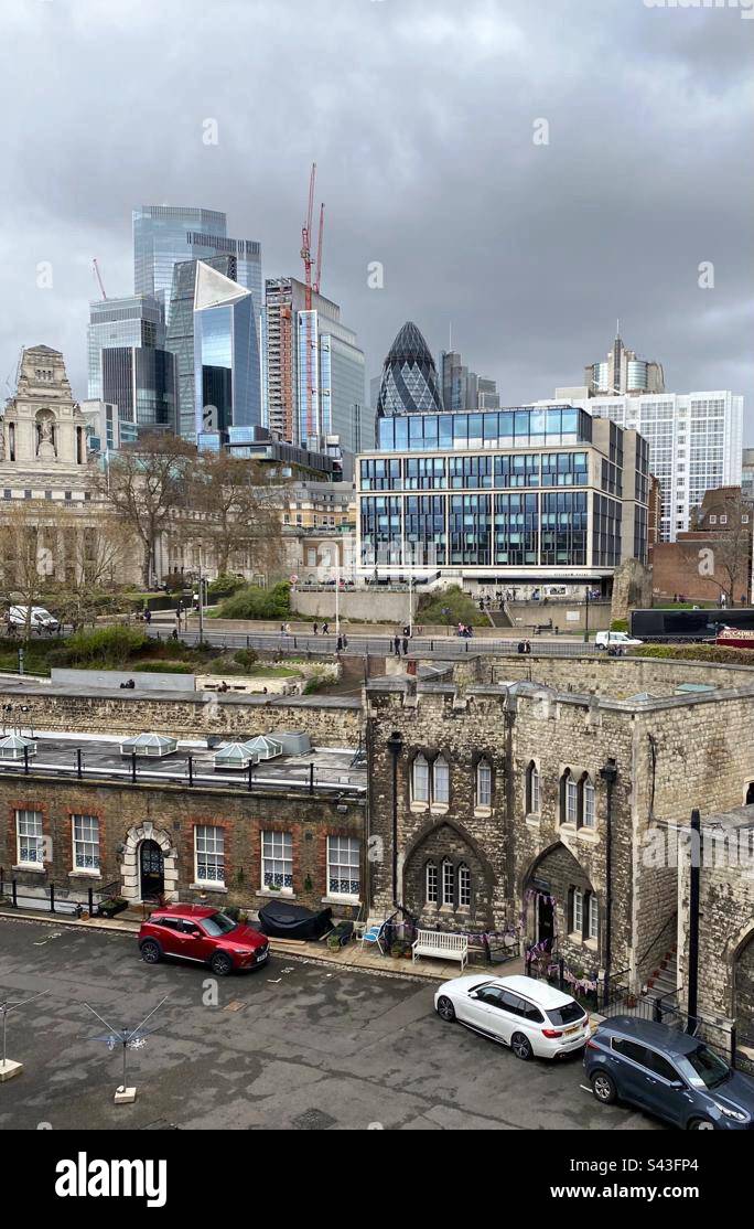 View from the London Tower towards London City with famous landmarks - Smartphone Captured Stock Image