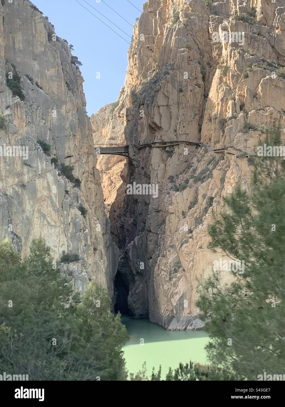 View of el camjinity del Rey bridge between cliffs in ardales national park - Smartphone Captured Stock Image