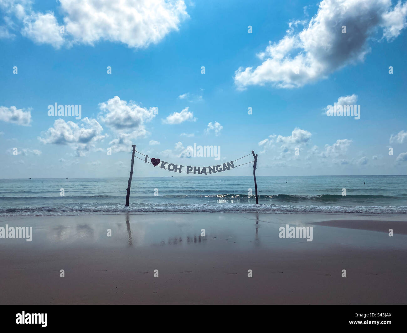 Sign reads “I love Koh Phangan” on Haad Rin Beach, Koh Phangan, Southern Thailand - Smartphone Captured Stock Image