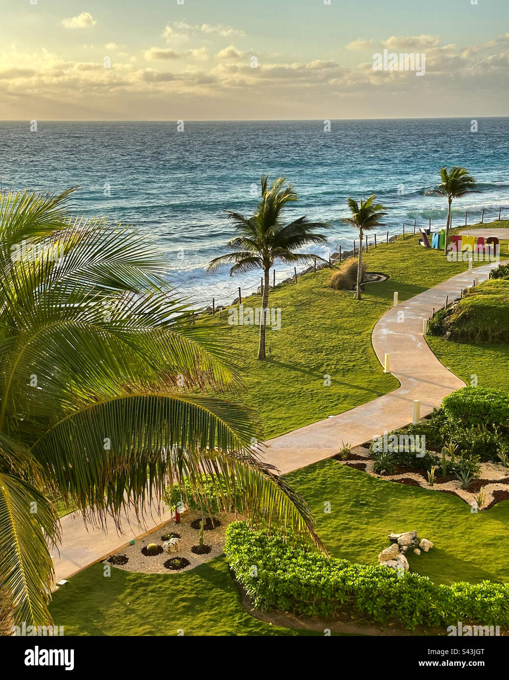 January, 2023, Morning on the grounds beside the oceanfront Pyramid building, Hyatt Ziva Cancun, Hotel Zone, Cancun, Quintana Roo, Yucatan Peninsula, Mexico - Smartphone Captured Stock Image