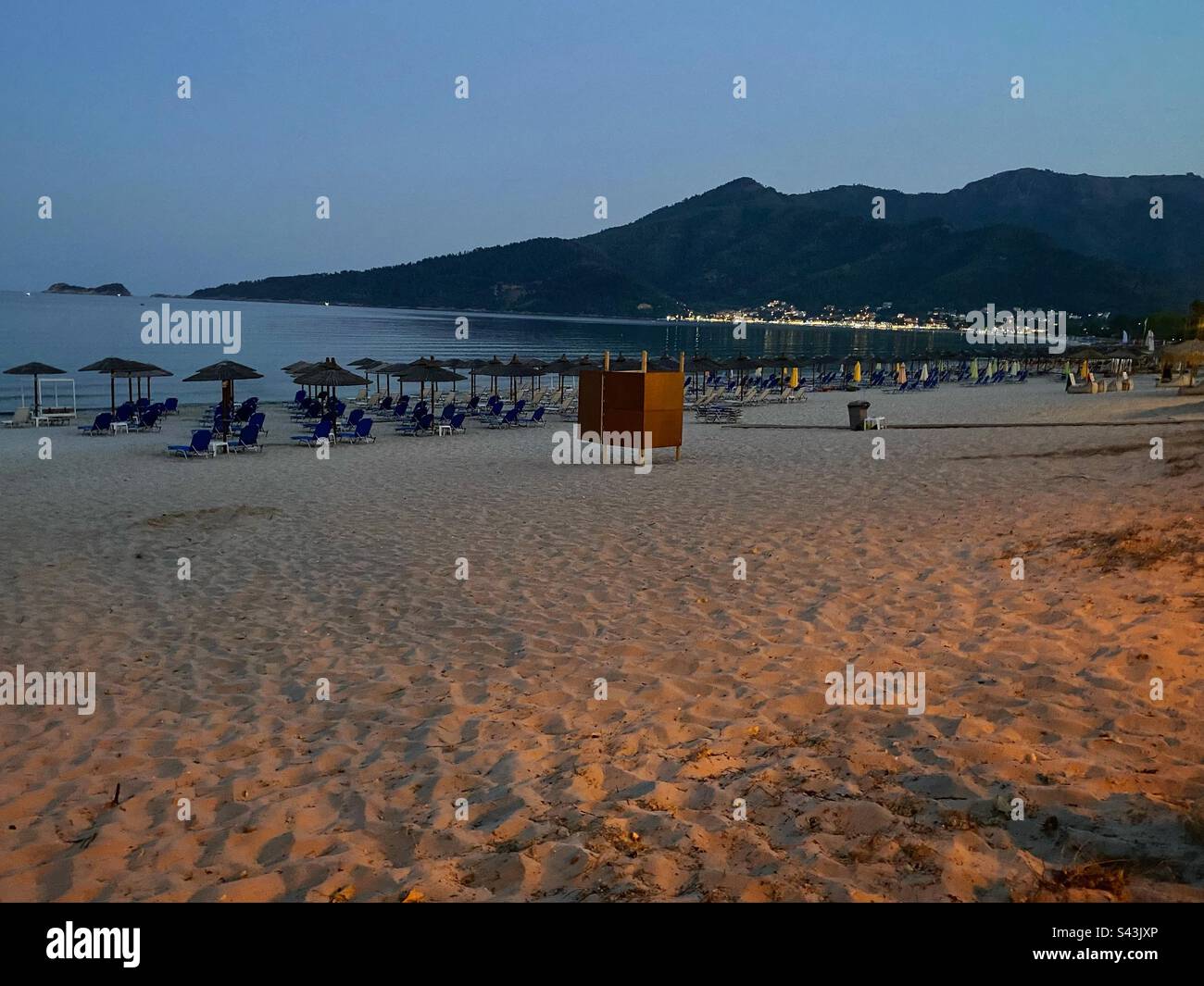 Night view at empty Golden Beach on Thassos island in Greece. - Smartphone Captured Stock Image