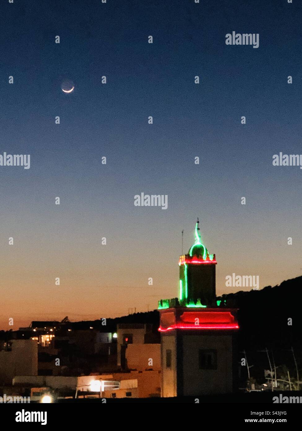 New Moon over the Mosque in Taghazout Stock Photo
