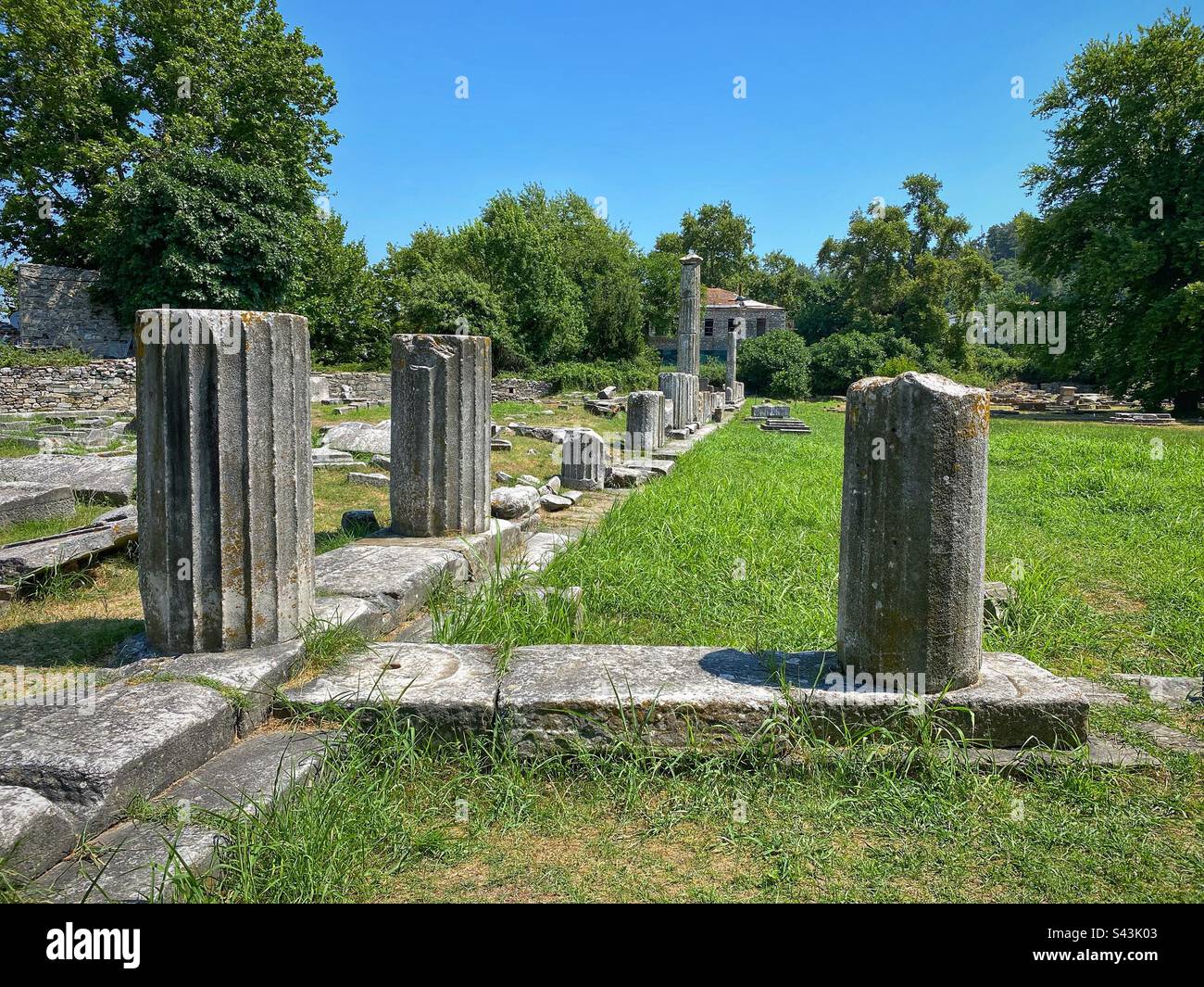 Ancient Greek columns at Ancient Agora of Thassos archeological site in