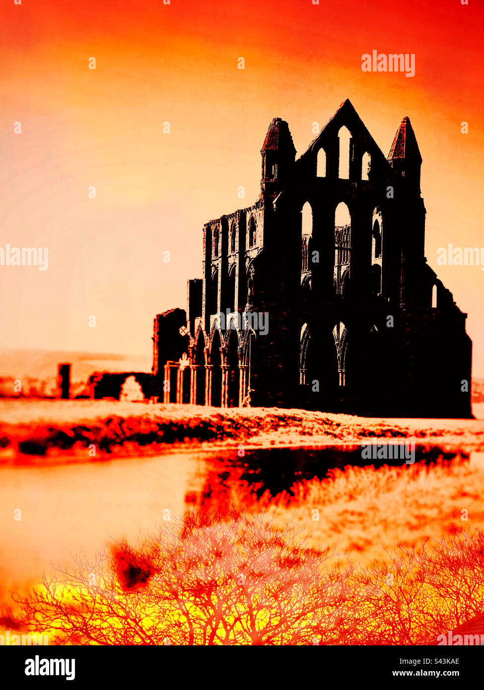 Double exposure sunrise and the ruins of Whitby Abbey - Smartphone Captured Stock Image