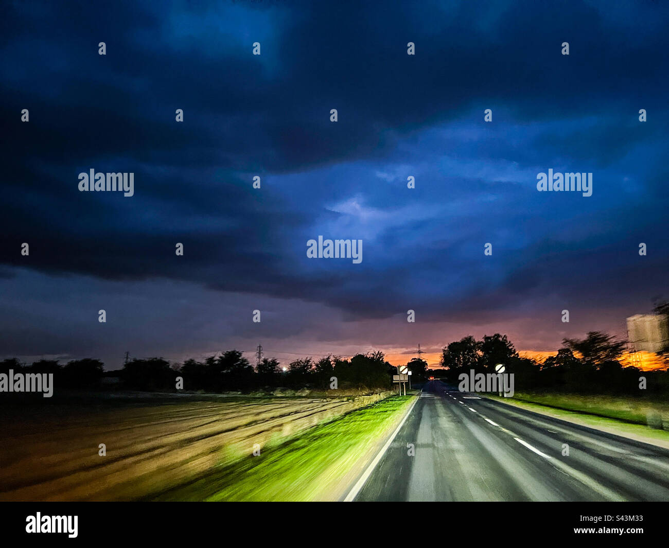 Night time driving in countryside in Snaith East Riding of Yorkshire - Smartphone Captured Stock Image