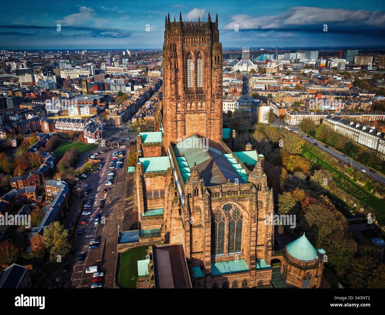 Liverpools Anglican cathedral from the air Stock Photo